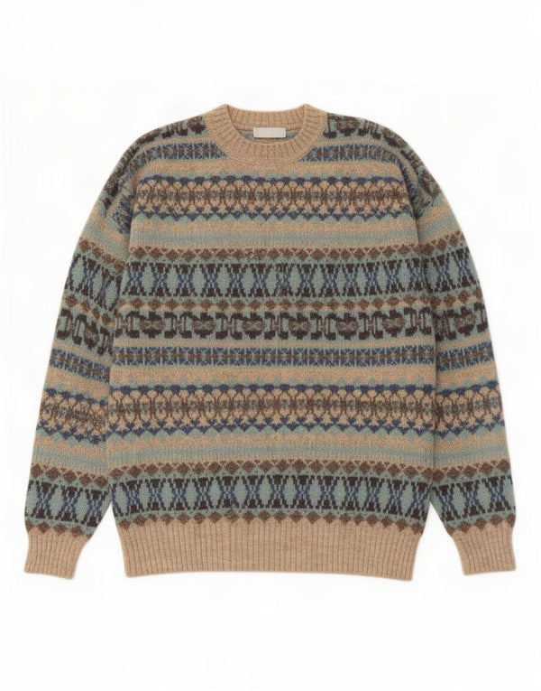 Vintage Mens Crew Neck Jumper Sweater Medium Blue Fair Isle New Wool