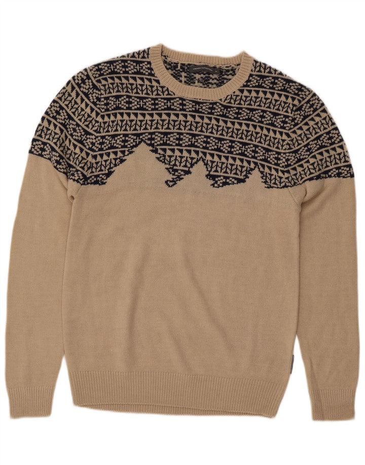 FRENCH CONNECTION Mens Boat Neck Jumper Sweater Medium Beige Geometric