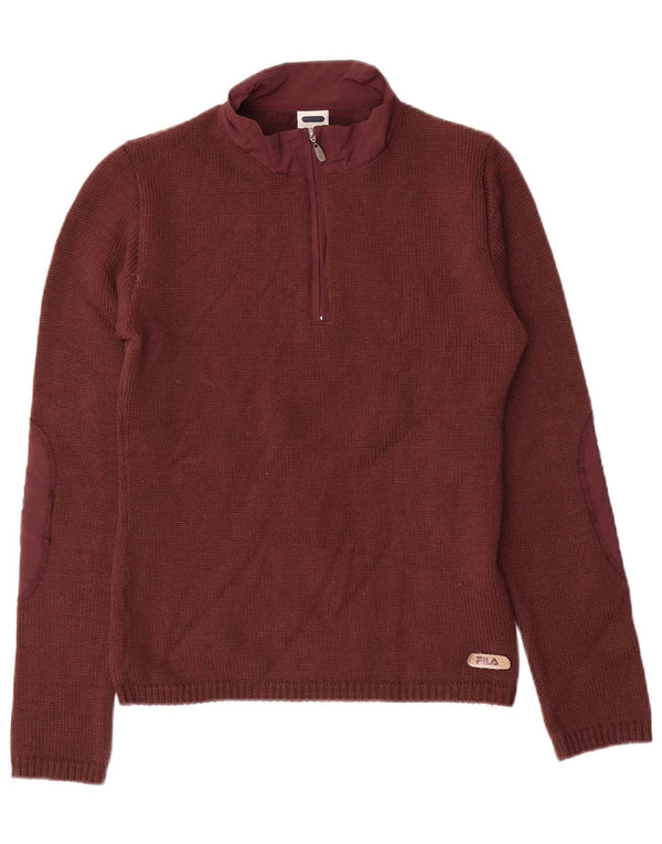 FILA Womens Zip Neck Jumper Sweater UK 12 Medium Maroon Wool
