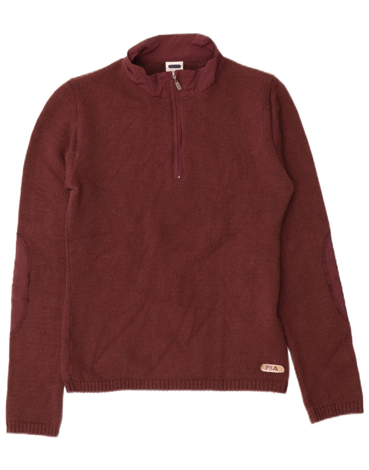 FILA Womens Zip Neck Jumper Sweater UK 12 Medium Maroon Wool