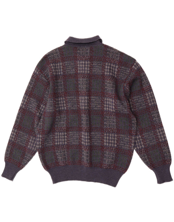 Jean Pierre Mens Polo Neck Jumper Sweater Large Navy Blue Plaid Wool