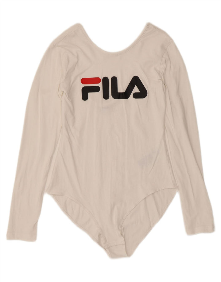Fila Womens Graphic Long Sleeve Bodysuit UK 12 Medium Off White Cotton