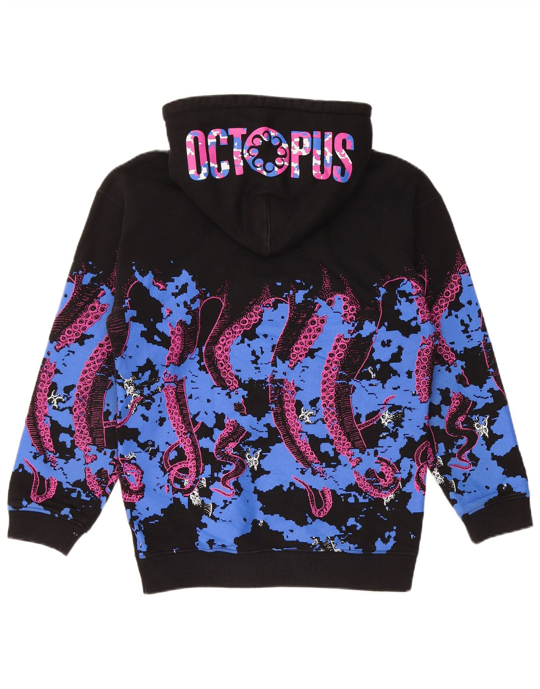 OCTOPUS Mens Graphic Hoodie Jumper Small Black Colourblock Cotton