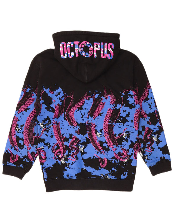 OCTOPUS Mens Graphic Hoodie Jumper Small Black Colourblock Cotton