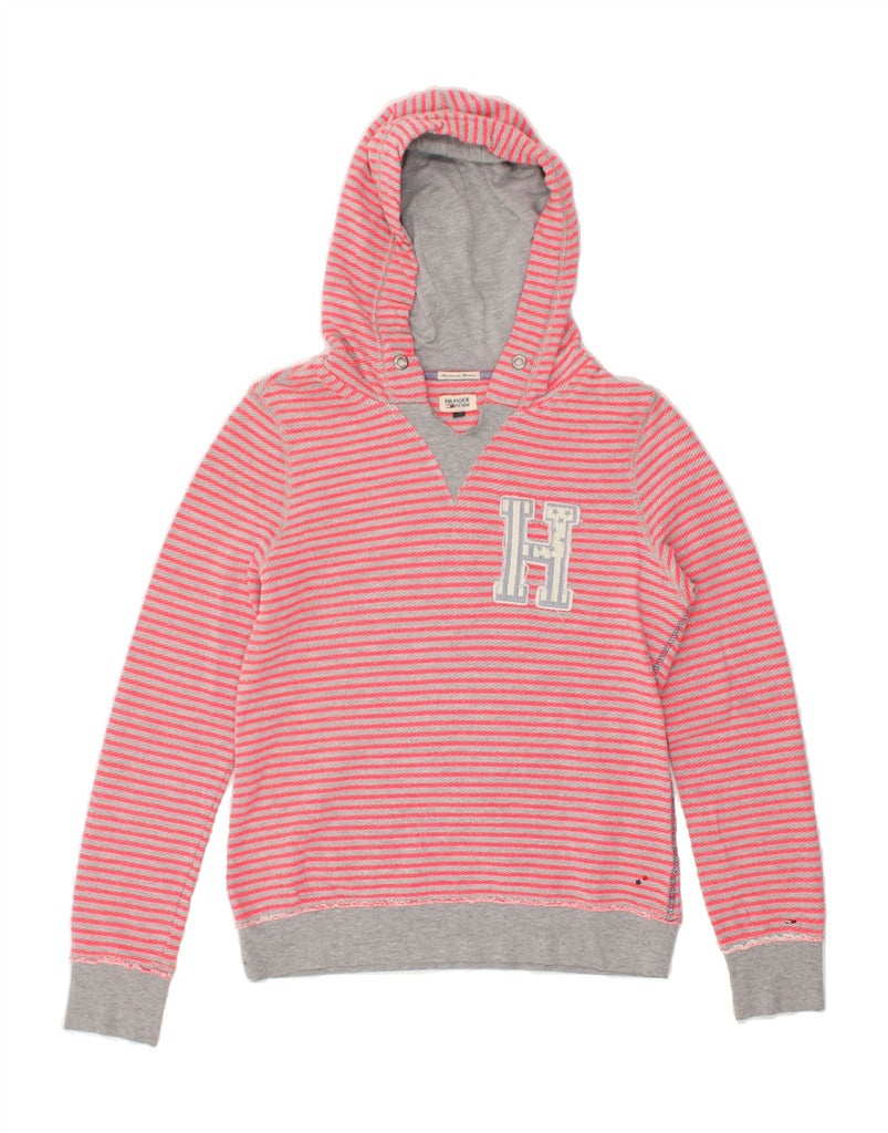 TOMMY HILFIGER Womens Graphic Hoodie Jumper UK 14 Medium Pink Striped | Vintage Tommy Hilfiger | Thrift | Second-Hand Tommy Hilfiger | Used Clothing | Messina Hembry 