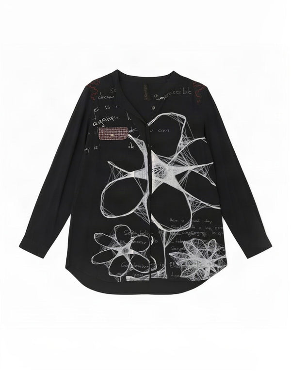 Desigual Womens Graphic Shirt Blouse UK 18 XL Black Floral Viscose