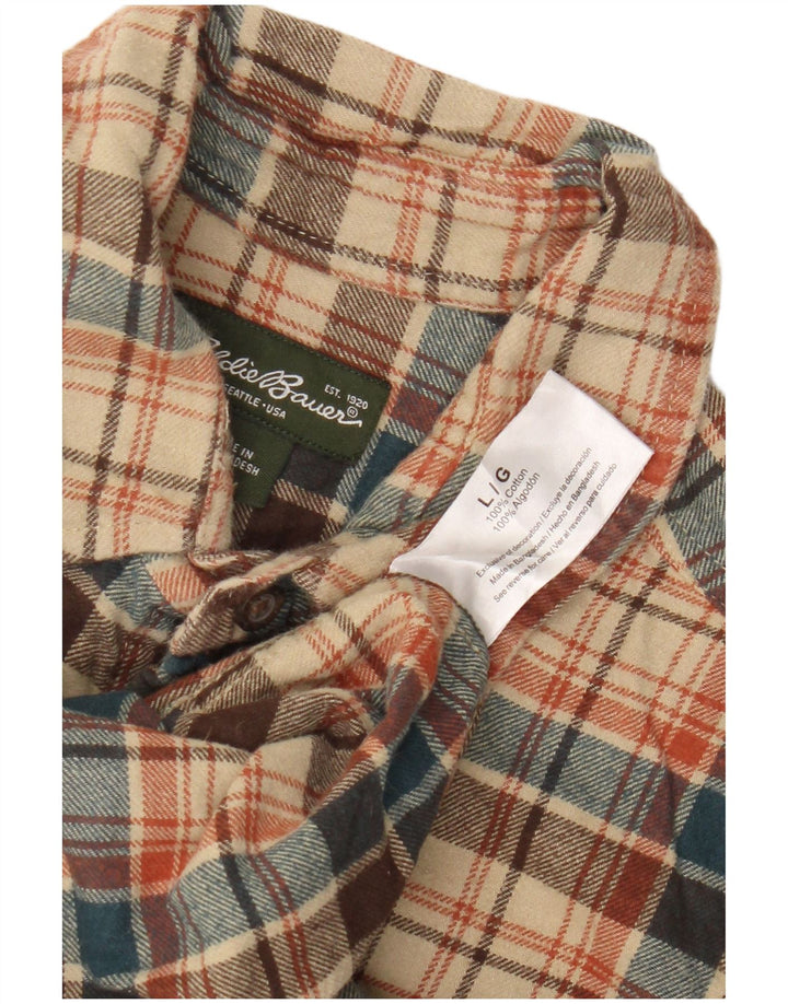 Eddie Bauer Mens Flannel Shirt Large Beige Check Cotton