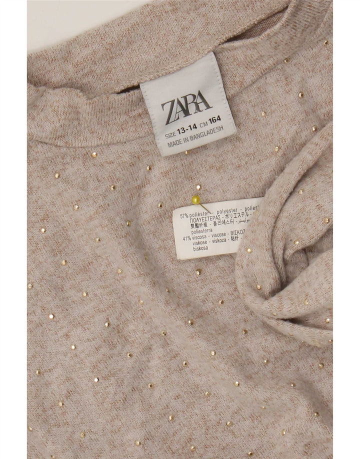 Zara Girls Top Long Sleeve 13-14 Years Beige Polyester