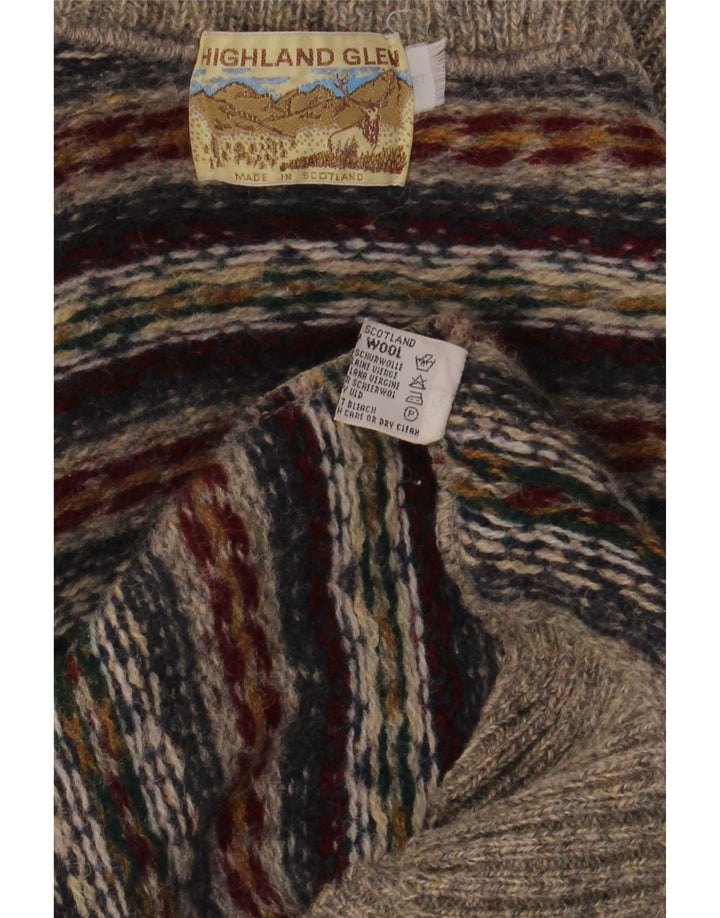 Highland Glen Mens Button Neck Jumper Sweater Medium Grey Fair Isle Wool