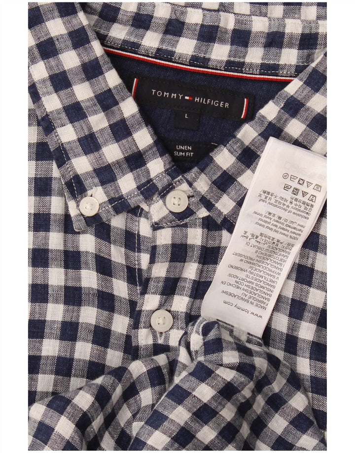 Tommy Hilfiger Mens Slim Fit Shirt Large Navy Blue Gingham Linen
