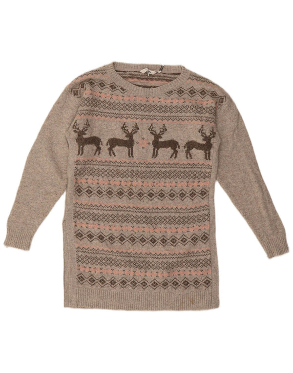 Fat Face Womens Boat Neck Jumper Sweater UK 8 Small Grey Fair Isle Cotton