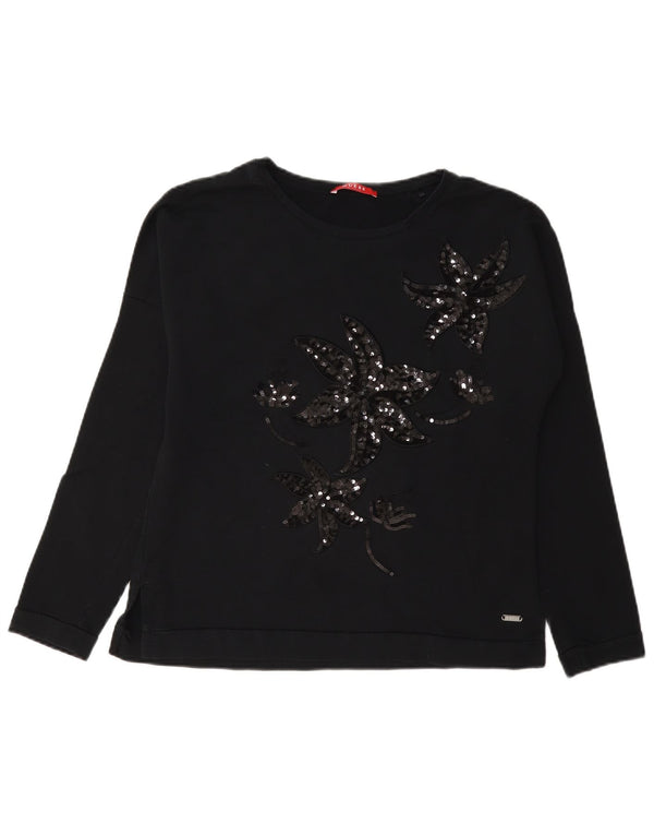 Guess Womens Oversized Sweatshirt Jumper UK 8 Small Black Floral Cotton