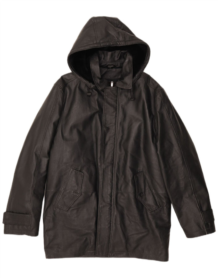 Vintage Mens Hooded Leather Jacket IT 50 Large Black Leather