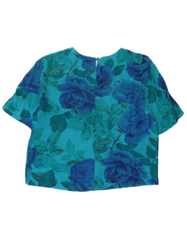 Vintage Womens Crop Blouse Top UK 16 Large Blue Floral Silk