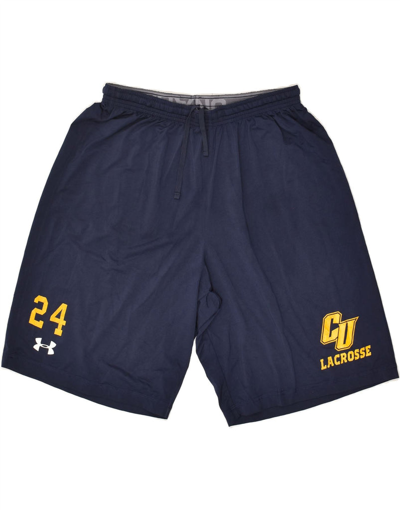 UNDER ARMOUR Mens Heat Gear Graphic Sport Shorts Large Navy Blue Polyester | Vintage Under Armour | Thrift | Second-Hand Under Armour | Used Clothing | Messina Hembry 