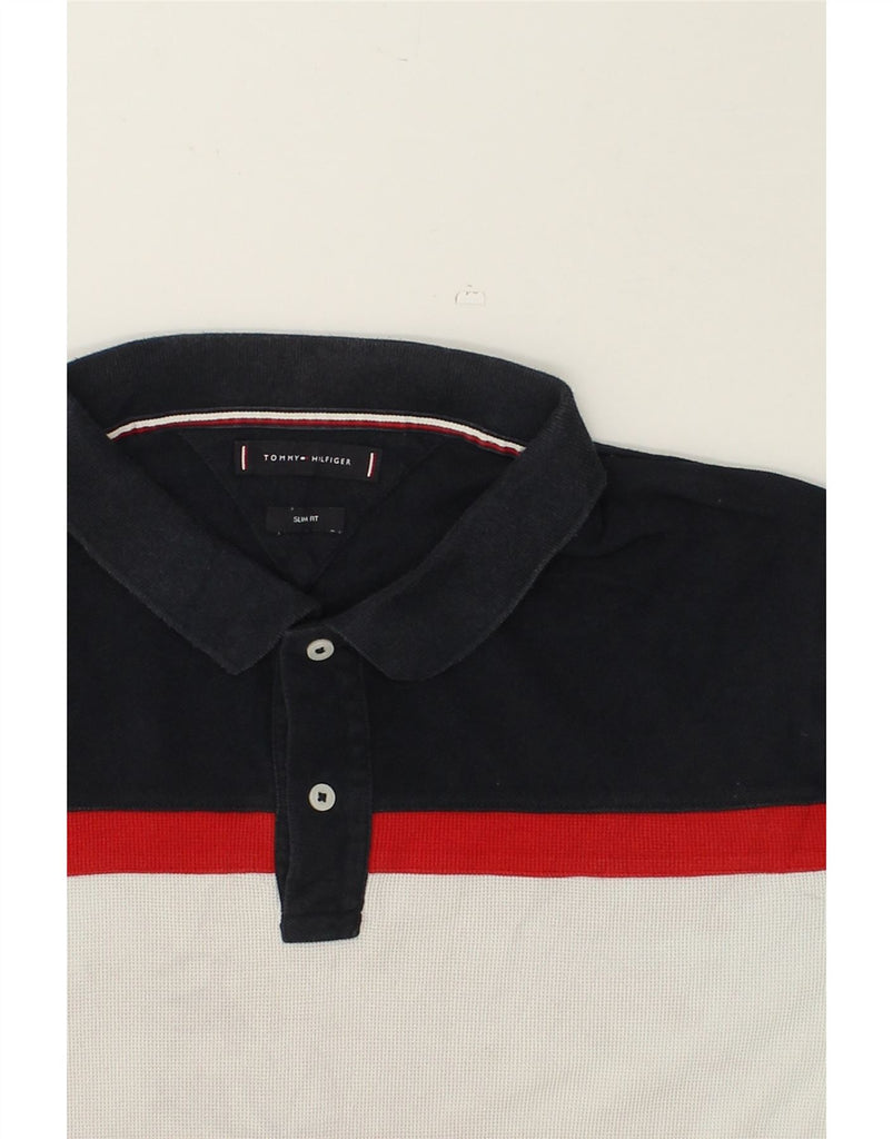 TOMMY HILFIGER Mens Slim Fit Polo Shirt Medium Navy Blue Colourblock | Vintage Tommy Hilfiger | Thrift | Second-Hand Tommy Hilfiger | Used Clothing | Messina Hembry 