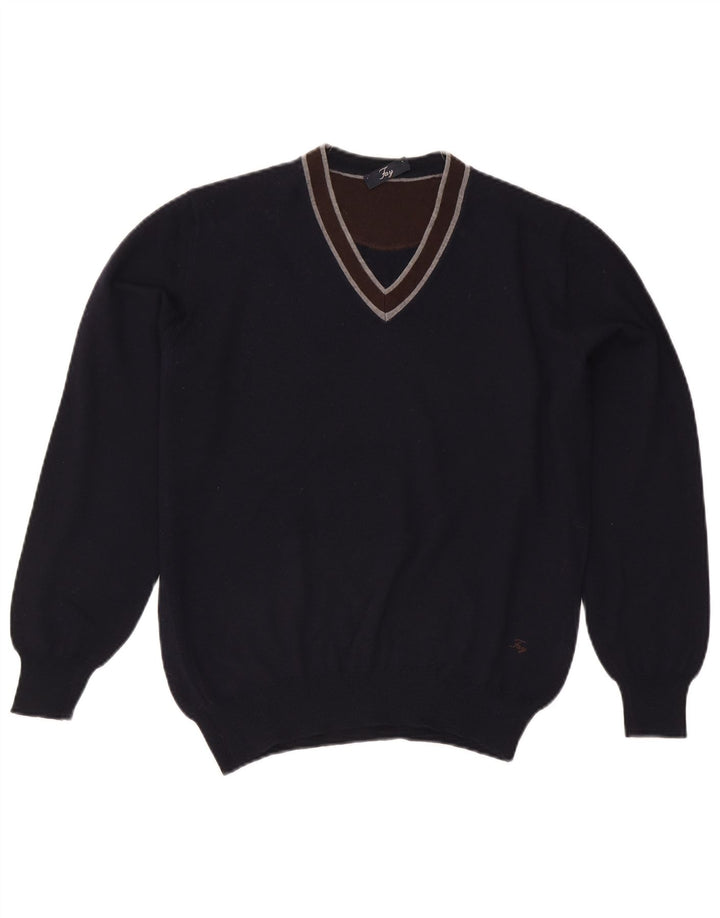 Fay Mens V-Neck Jumper Sweater Medium Navy Blue Colourblock Virgin Wool