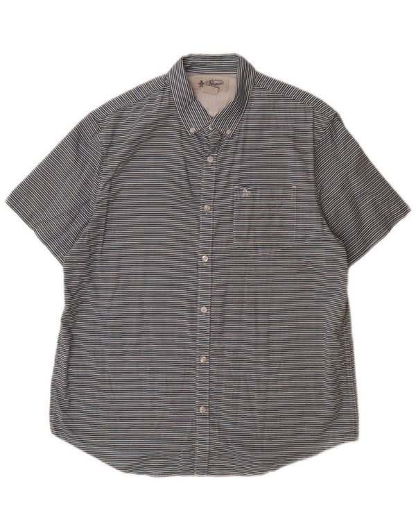 PENGUIN Mens Short Sleeve Shirt Large Blue Pinstripe Cotton