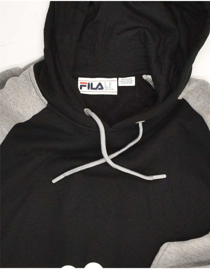 FILA Womens Crop Graphic Hoodie Jumper IT 50 XL Black Colourblock Cotton | Vintage Fila | Thrift | Second-Hand Fila | Used Clothing | Messina Hembry 