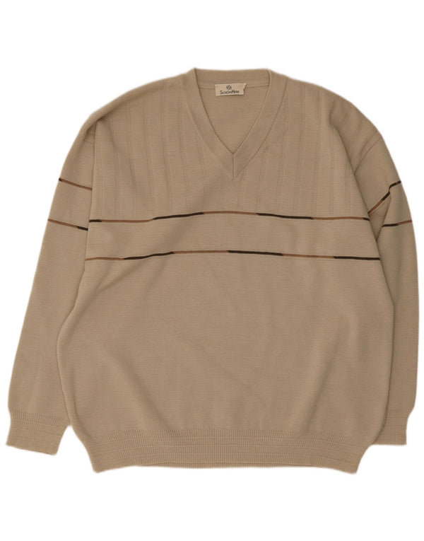 Vintage Mens V-Neck Jumper Sweater IT 50 Medium Beige Striped Polyacrylic