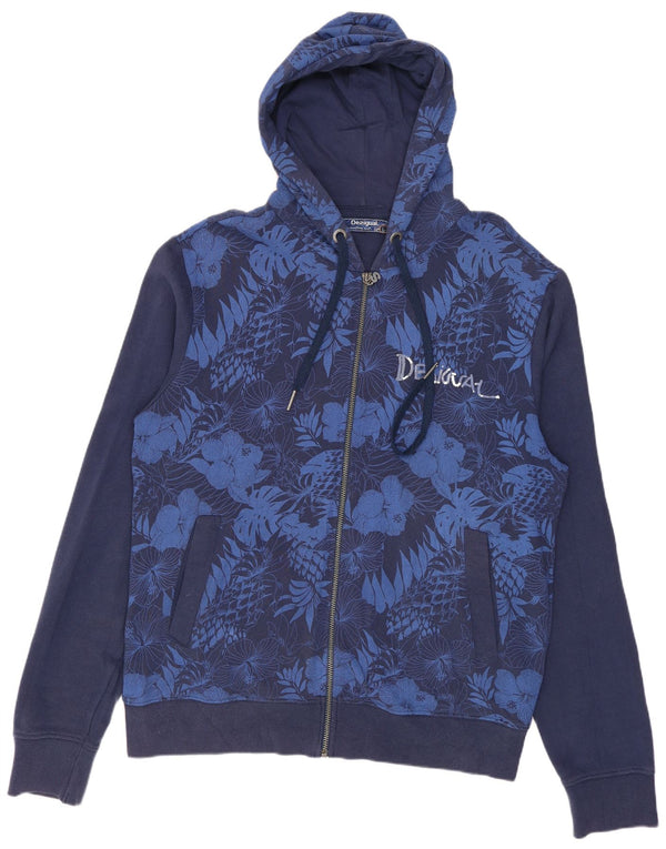 Desigual Mens Graphic Zip Hoodie Sweater Large Navy Blue Floral Cotton