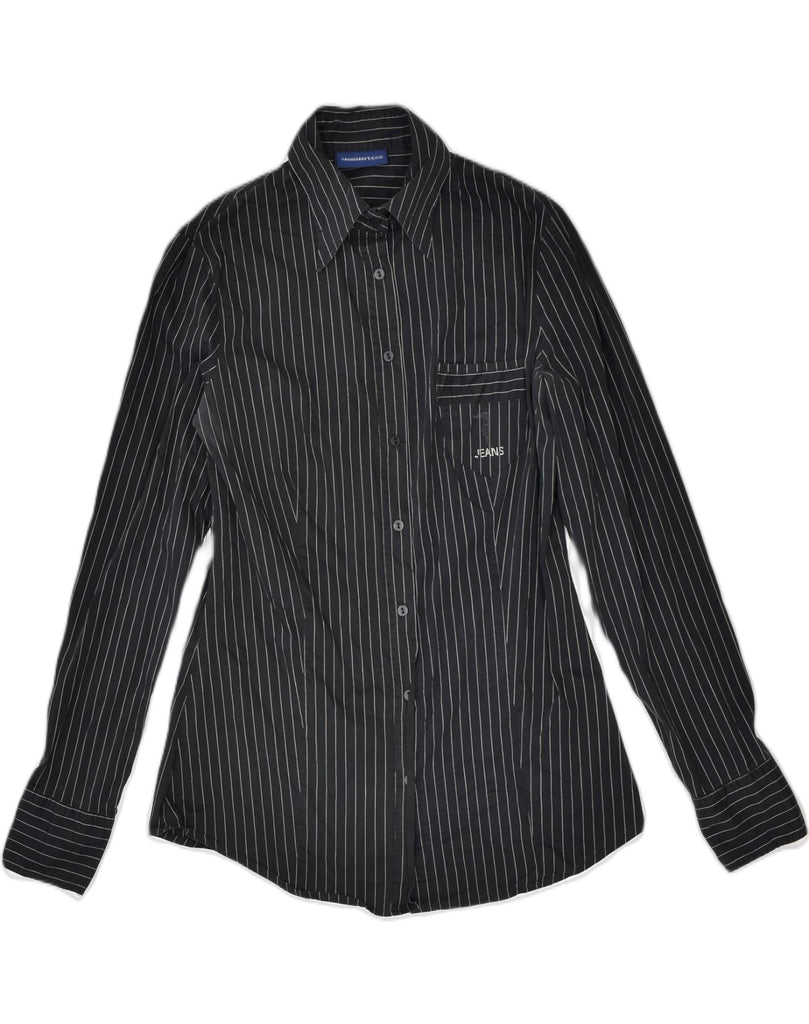 TRUSSARDI Womens Shirt UK 12 Medium Black Pinstripe Cotton | Vintage | Thrift | Second-Hand | Used Clothing | Messina Hembry 