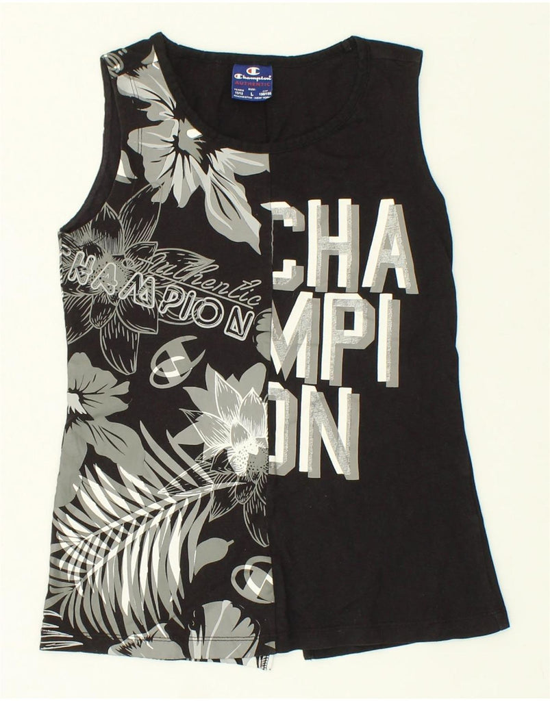 CHAMPION Girls Graphic Vest Top 11-12 Years Large Black Floral | Vintage Champion | Thrift | Second-Hand Champion | Used Clothing | Messina Hembry 