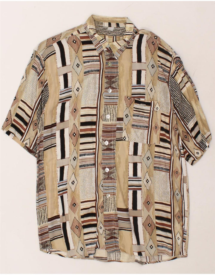 VINTAGE Mens Short Sleeve Shirt Medium Beige Argyle/Diamond Vintage Vintage and Second-Hand Vintage from Messina Hembry 