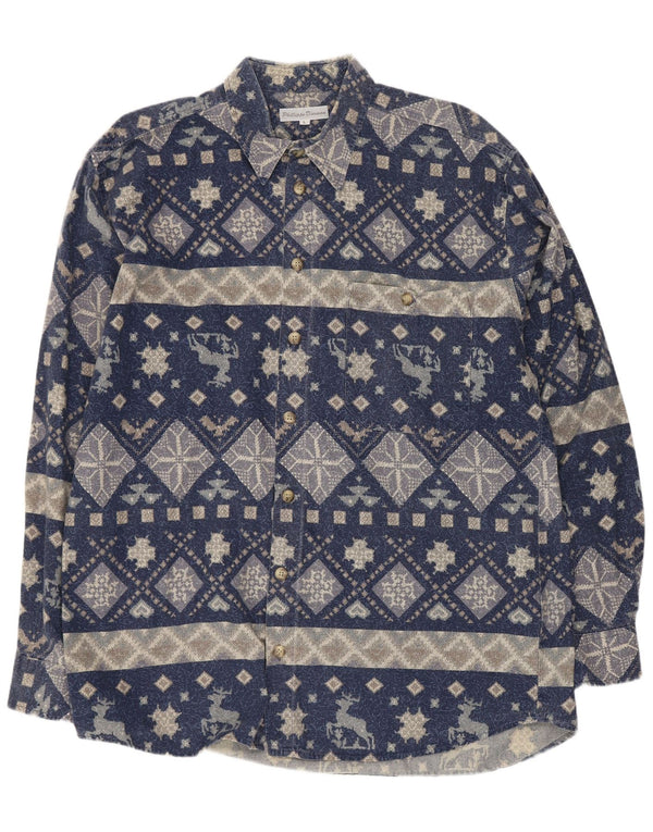 Vintage Mens Shirt Large Navy Blue Geometric