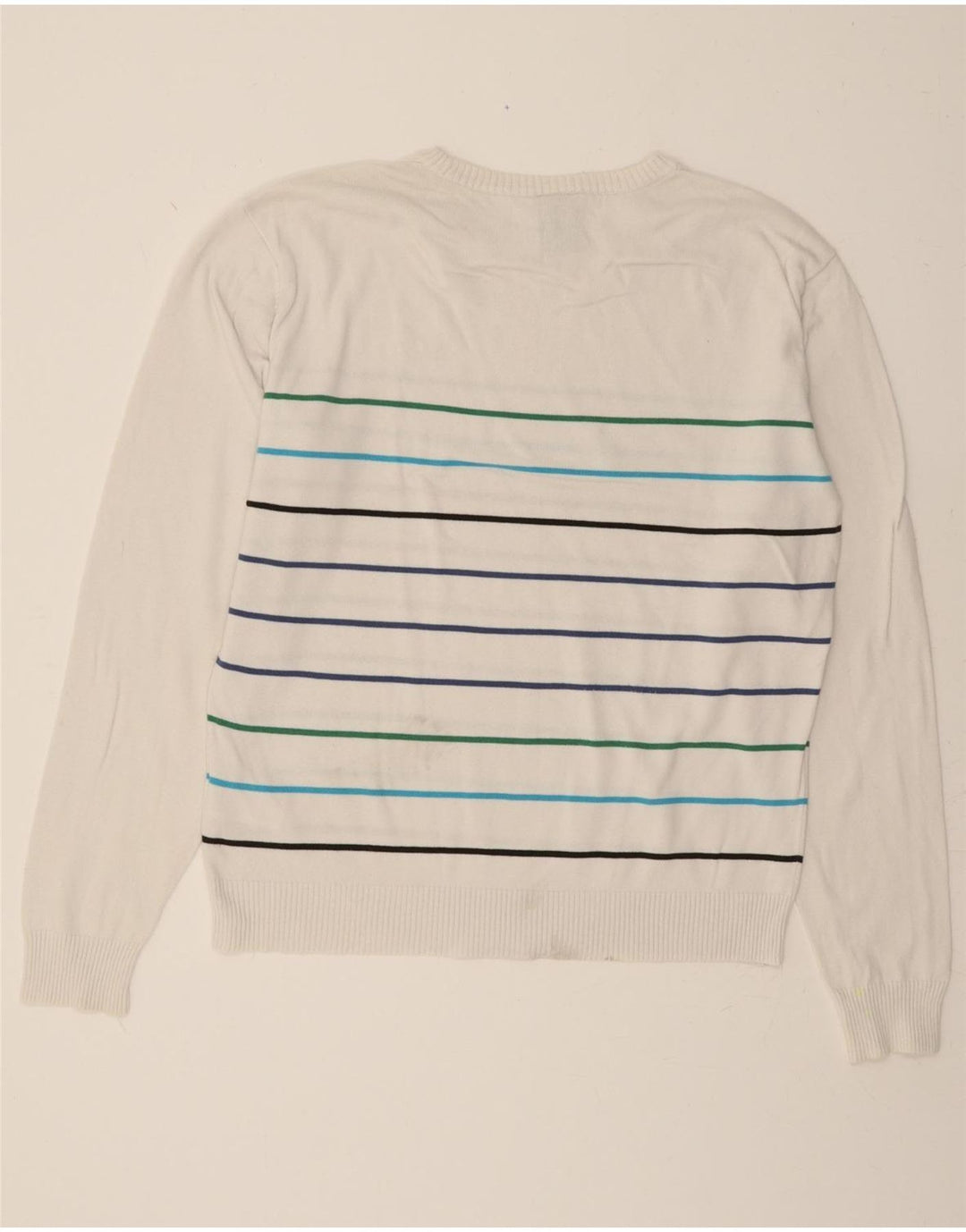 ADIDAS Mens Crew Neck Jumper Sweater Large White Striped Cotton Vintage Adidas and Second-Hand Adidas from Messina Hembry 