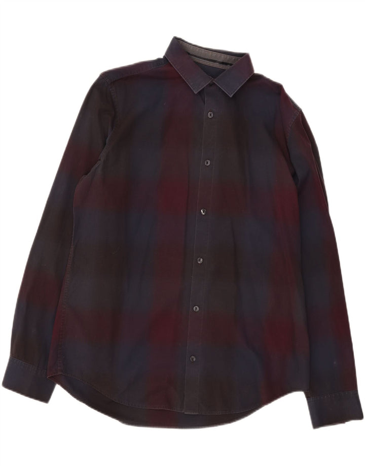 Calvin Klein Mens Shirt Medium Burgundy Plaid Cotton