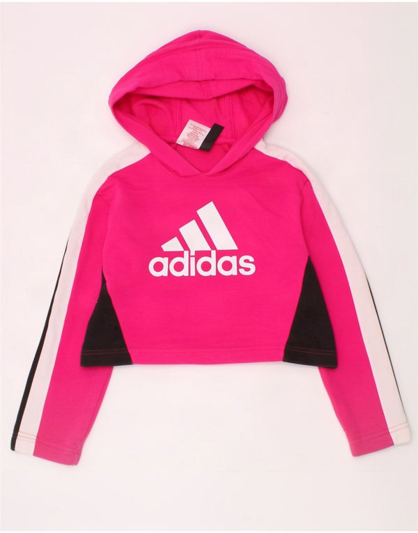 Adidas Girls Crop Graphic Hoodie Jumper 7-8 Years Pink Colourblock Cotton
