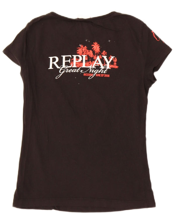 Replay Womens Graphic T-Shirt Top UK 14 Large Black Cotton