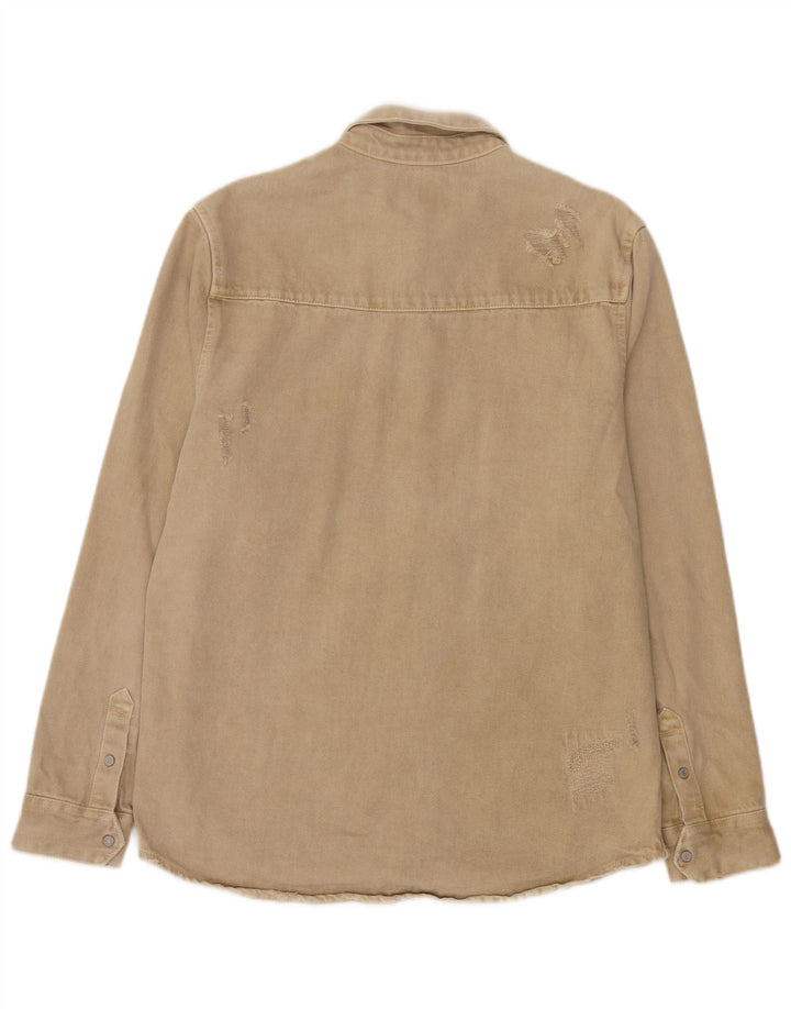 Zara Mens Distressed Relaxed Fit Denim Shirt Large Beige Cotton