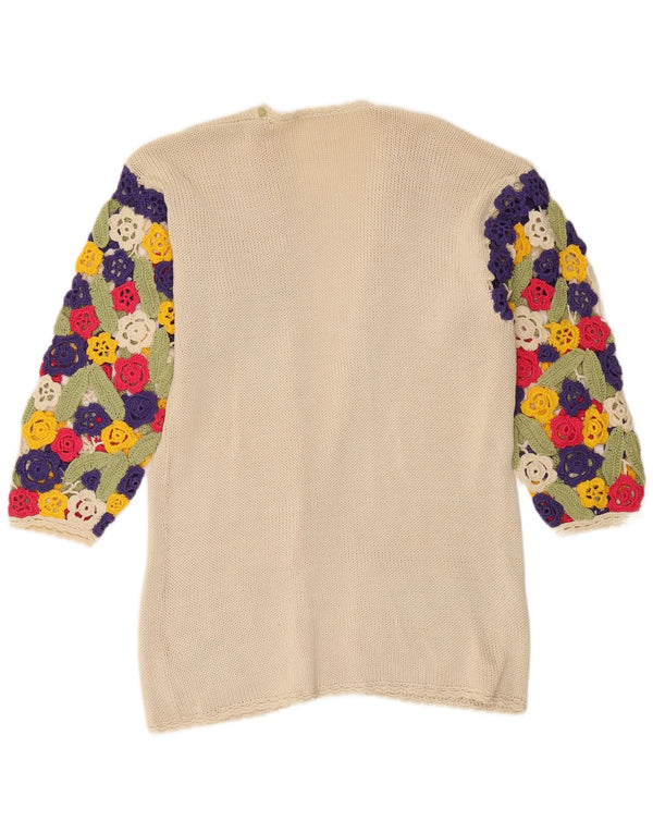 Vintage Womens Crochet Cardigan Sweater UK 16 Large White Floral