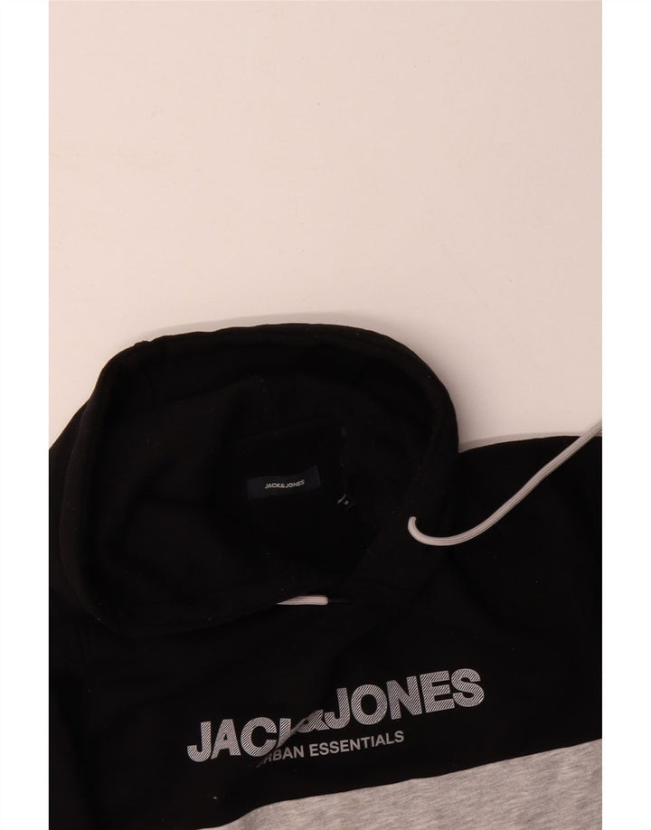 JACK & JONES Mens Graphic Hoodie Jumper Small Black Colourblock Cotton