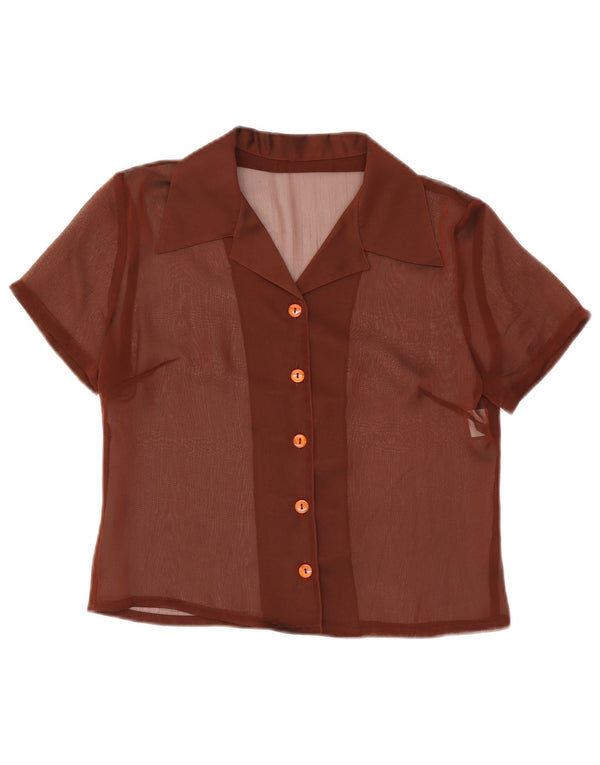 Vintage Womens See Through Short Sleeve Shirt Blouse UK 12 Medium Brown