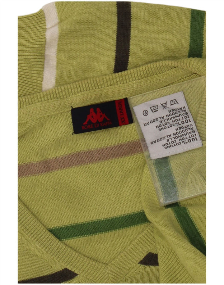 KAPPA Mens V-Neck Jumper Sweater 2XL Green Striped Cotton
