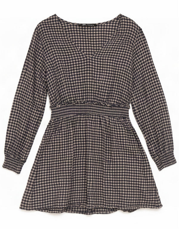 Zara Womens Long Sleeve Empire Dress UK 14 Large Navy Blue Gingham Cotton