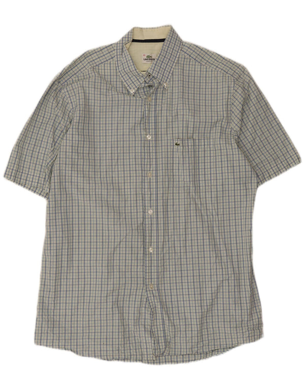 Lacoste Mens Short Sleeve Classic Fit Shirt Size 42 Large Blue Check Cotton