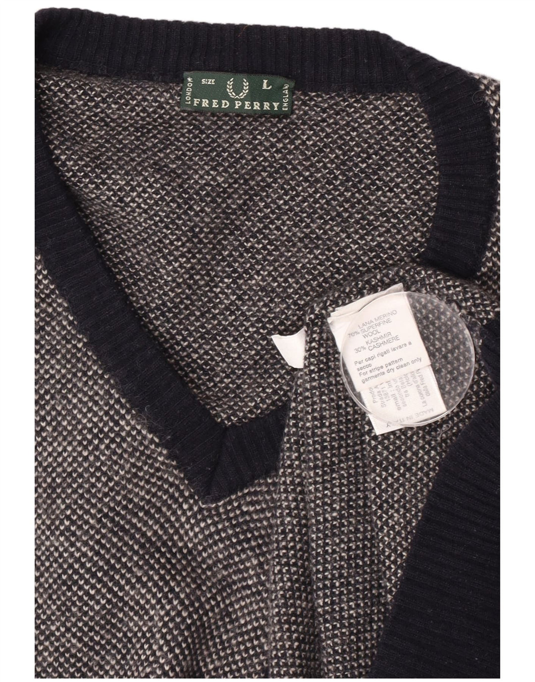 Fred Perry Mens V-Neck Jumper Sweater Large Navy Blue Spotted Wool