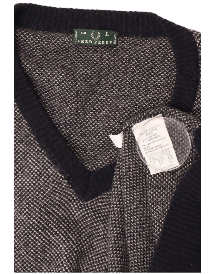 Fred Perry Mens V-Neck Jumper Sweater Large Navy Blue Spotted Wool