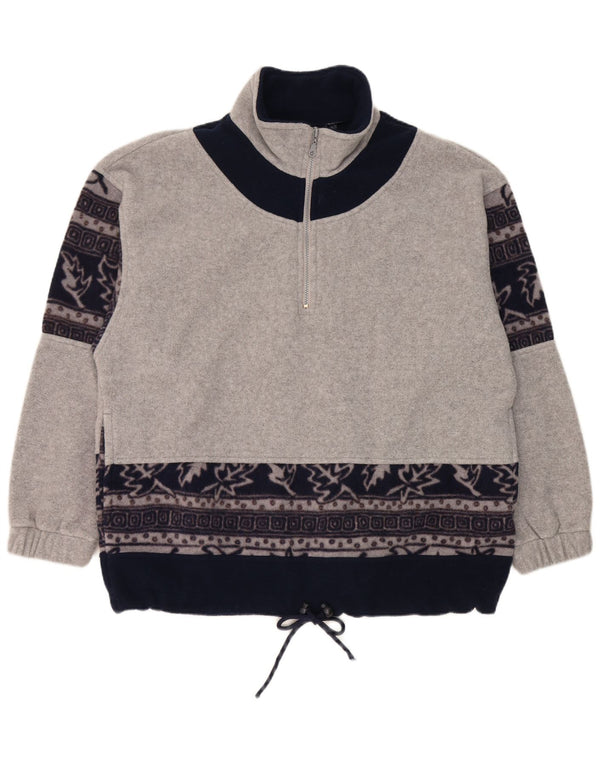 Vintage Mens Zip Neck Fleece Jumper Large Grey Floral Polyester