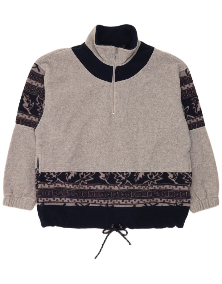 Vintage Mens Zip Neck Fleece Jumper Large Grey Floral Polyester