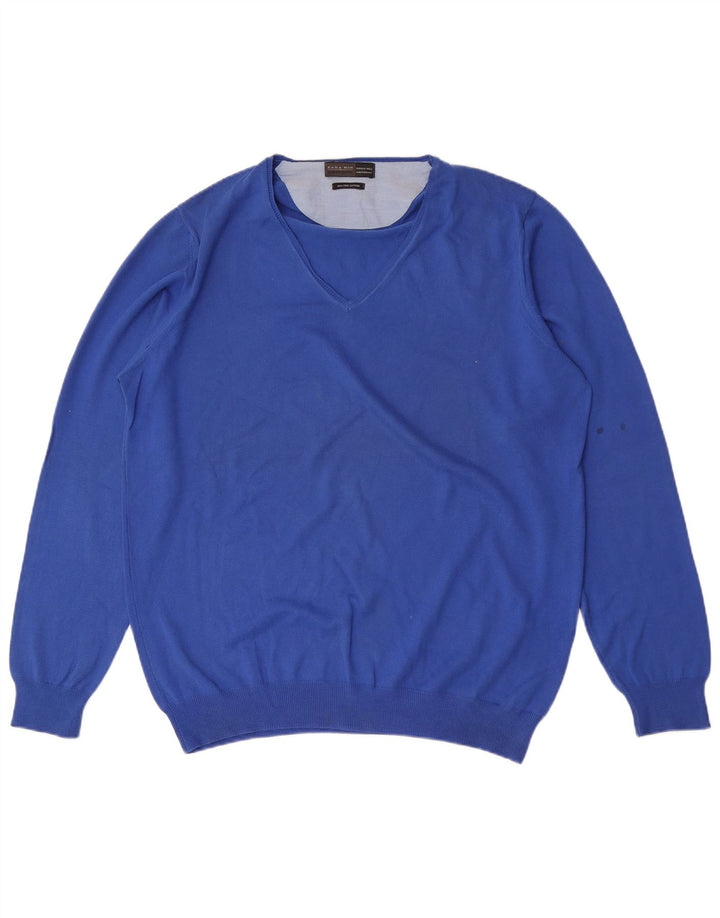 Zara Mens V-Neck Jumper Sweater XL Blue Cotton