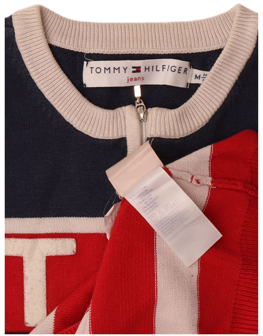 TOMMY HILFIGER Womens Zip Neck Jumper Sweater UK 12 Medium Red Striped