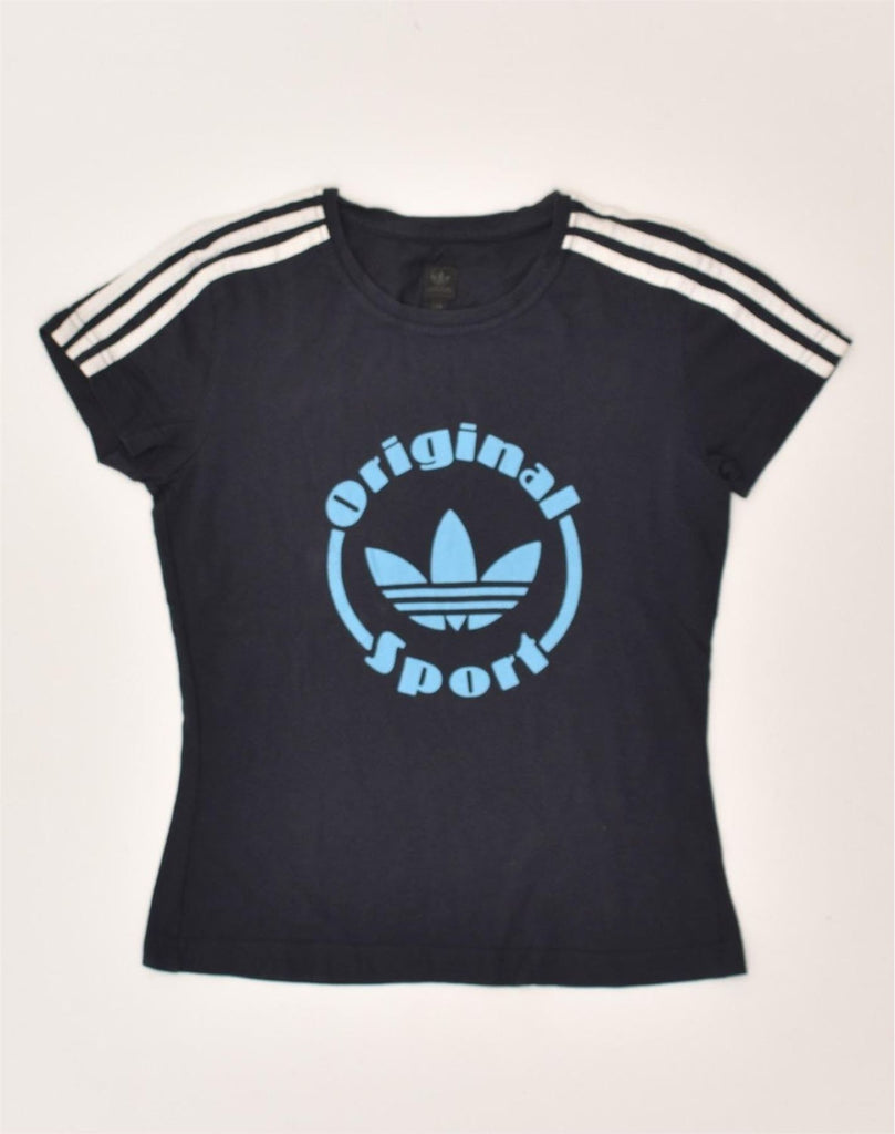 ADIDAS Womens Graphic T-Shirt Top EU 42 Medium Navy Blue Cotton | Vintage Adidas | Thrift | Second-Hand Adidas | Used Clothing | Messina Hembry 