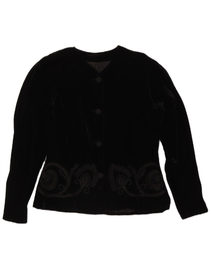 Vintage Womens 4 Button Velvet Blazer Jacket UK 14 Medium Black Floral