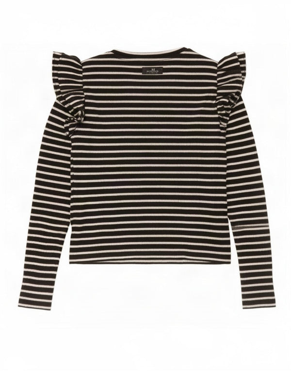 Zara Womens Long Sleeve Blouse Top UK 10 Small Black Striped Cotton