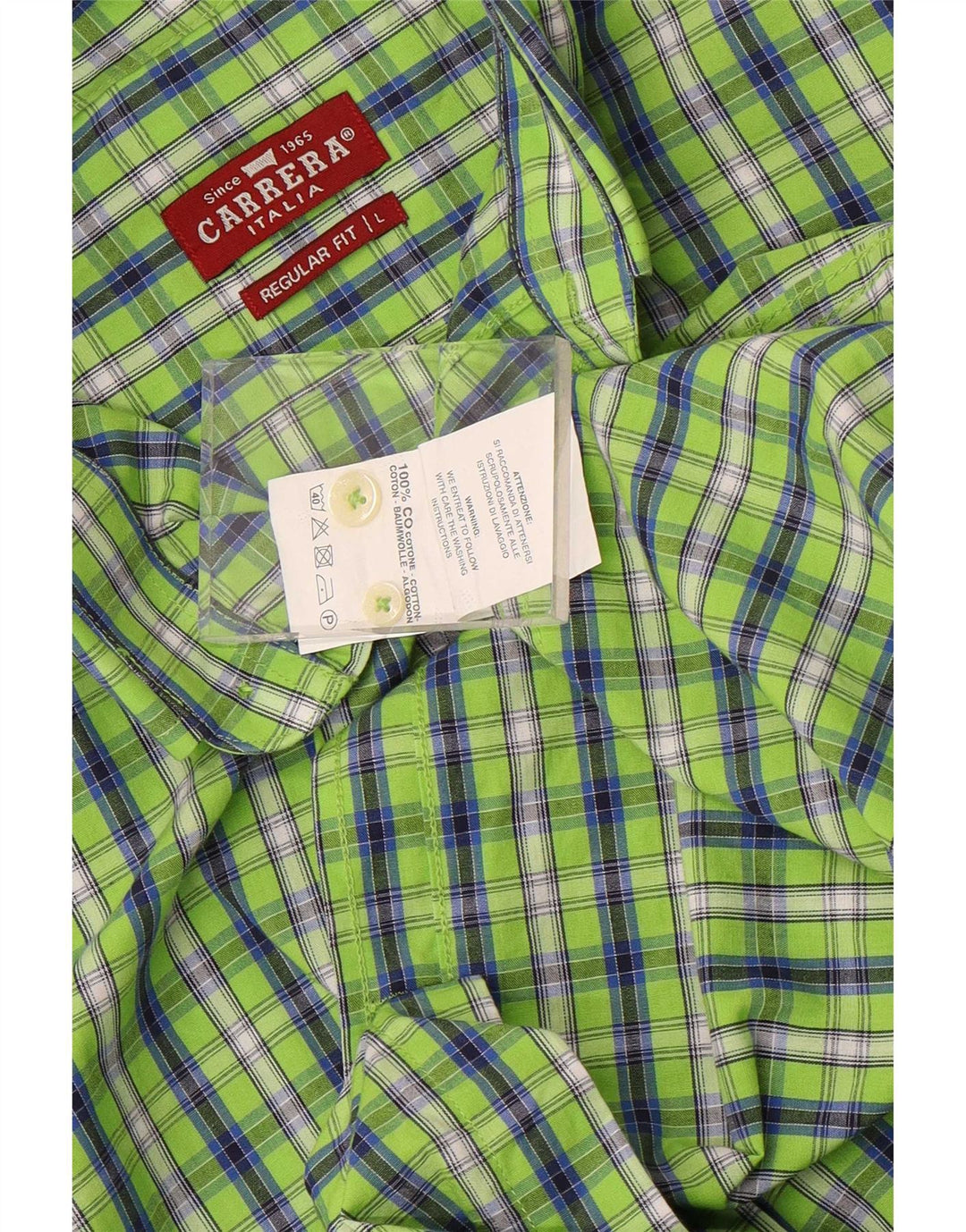 Carrera Mens Short Sleeve Regular Fit Shirt Large Green Check Cotton